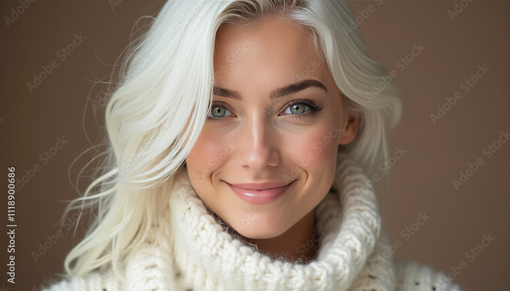 Portrait of a smiling beautiful woman with white hair in a soft cozy white knitted wool sweater on a Mocha Mousse background Portrait of a smiling beautiful woman with white hair in a soft cozy white knitted wool sweater on a Mocha Mousse background