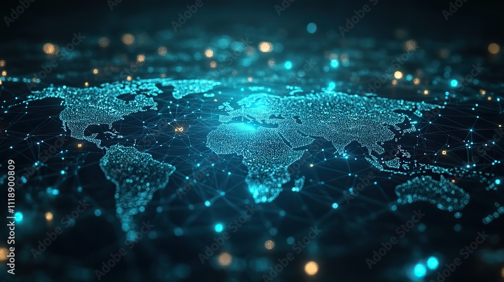 A digital technology concept featuring a world map and connected people, symbolizing social networks A digital technology concept featuring a world map and connected people, symbolizing social networks