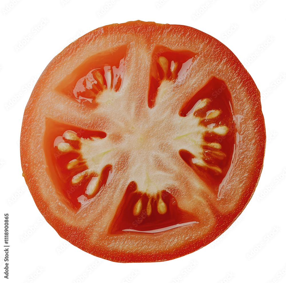 Freshly sliced tomato showing vibrant red flesh, cut out - stock png. Freshly sliced tomato showing vibrant red flesh, cut out - stock png.
