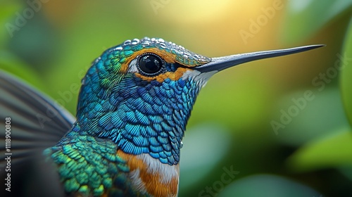 Close-up of a vibrant hummingbird with iridescent feathers, showing intricate detail and bokeh background.