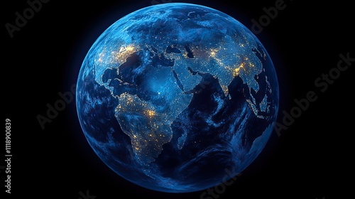 A digital world globe rendered in shades of navy and cyan represents global connectivity and communication in the digital age