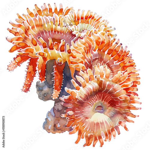 A watercolor clipart of a coral polyp, isolated on a white background. Coral polyp vector.