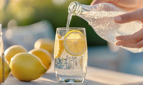 A refreshing drink of sparkling water with lemon slices, being poured into a glass, alongside fresh lemons on a wooden table.