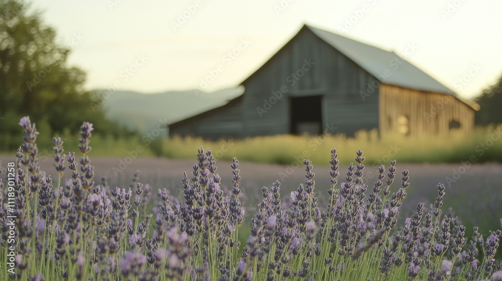 Lavender field with rustic barn at sunset. Lavender field with rustic barn at sunset.