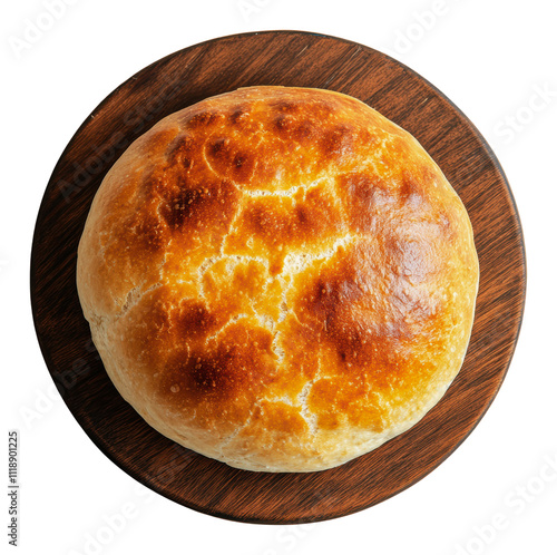 Freshly baked round bread on wooden board, cut out - stock png. photo