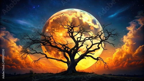 Spooky Halloween Night Background: Moonlit Dead Tree, Creepy Halloween Scene, Dark Night Photography