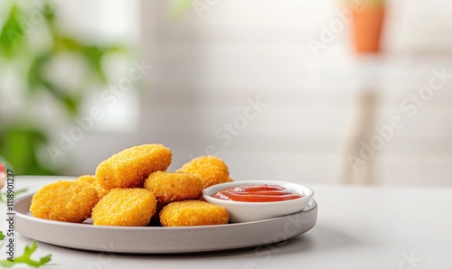 A plate of golden chicken nuggets served with a small bowl of ketchup, surrounded by a soft-focus background of greenery.