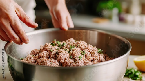 A person is mixing meatballs in a large bowl, surrounded by fresh ingredients, highlighting a home-cooking scene.
