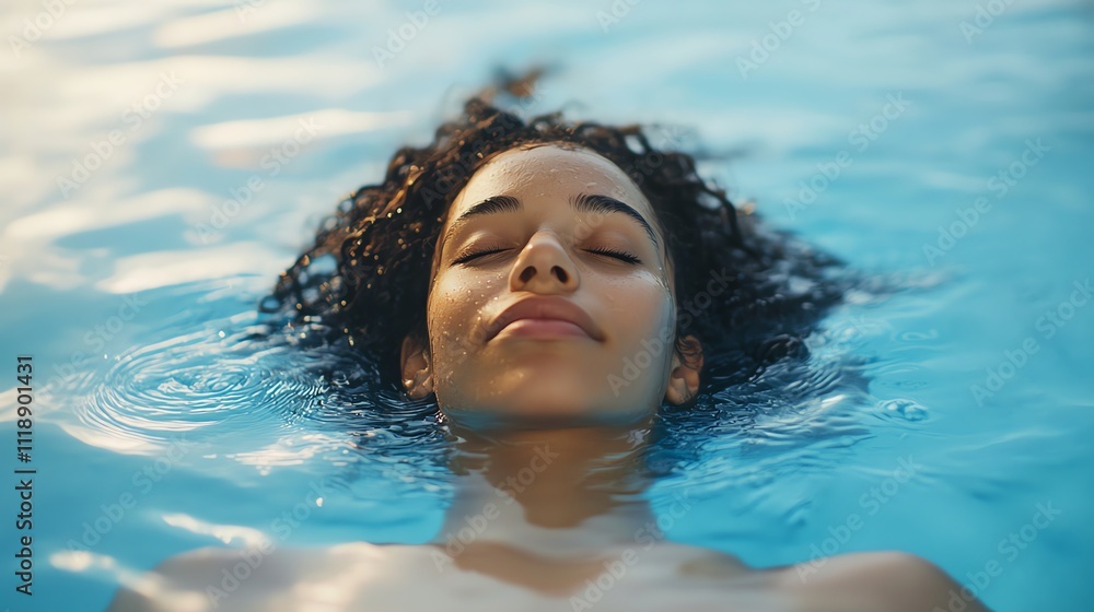 A woman with curly hair floats in a pool and looks relaxed with her eyes closed. A woman with curly hair floats in a pool and looks relaxed with her eyes closed.