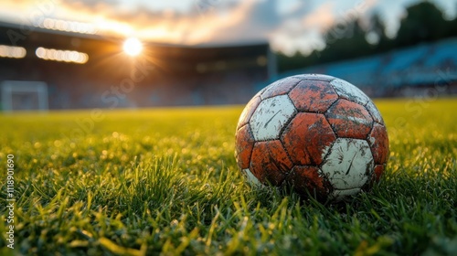 Close-up of Weathered Soccer Ball on Vibrant Grass at Sunset with Texture and Detail photo