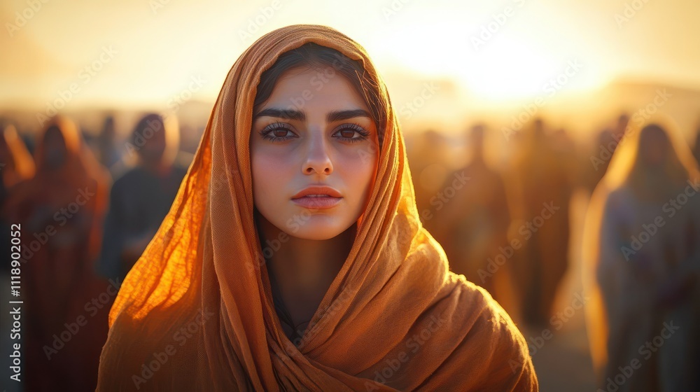 Serene Desert Scene with Girl in Orange Shawl during Golden Hour Serene Desert Scene with Girl in Orange Shawl during Golden Hour