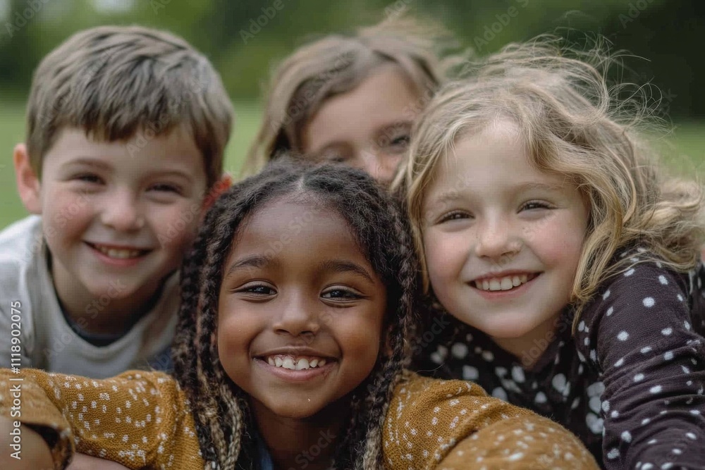 A joyful group of children smiles warmly in a lively outdoor setting. Their friendship radiates happiness and innocence. This image captures the beauty of childhood moments. Generative AI A joyful group of children smiles warmly in a lively outdoor setting. Their friendship radiates happiness and innocence. This image captures the beauty of childhood moments. Generative AI