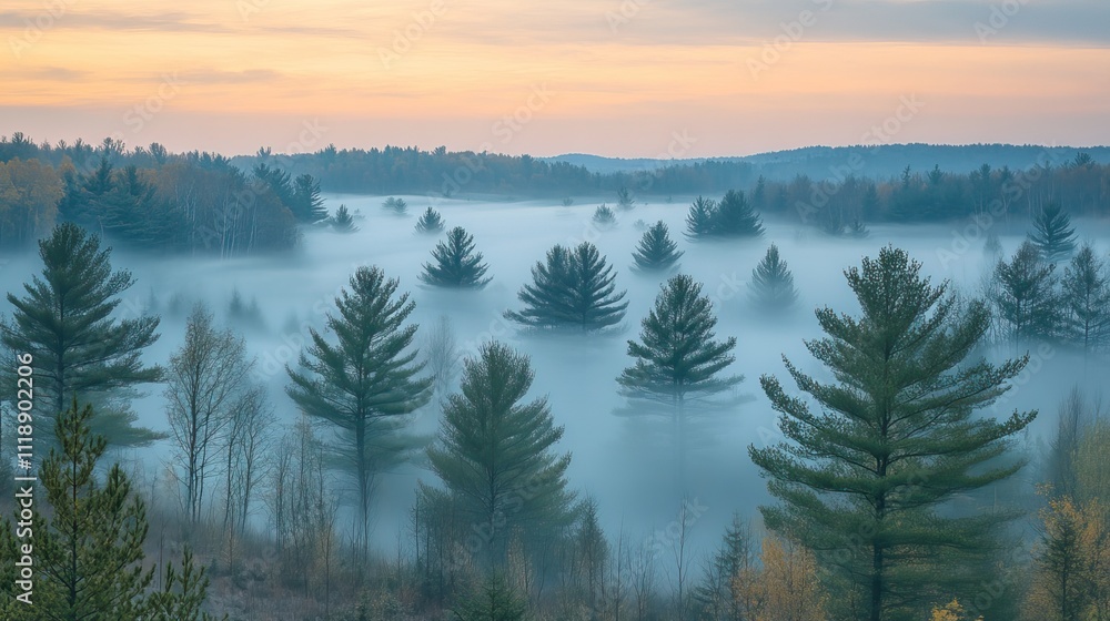 A foggy forest scene with trees disappearing into the mist, creating a serene and moody landscape A foggy forest scene with trees disappearing into the mist, creating a serene and moody landscape
