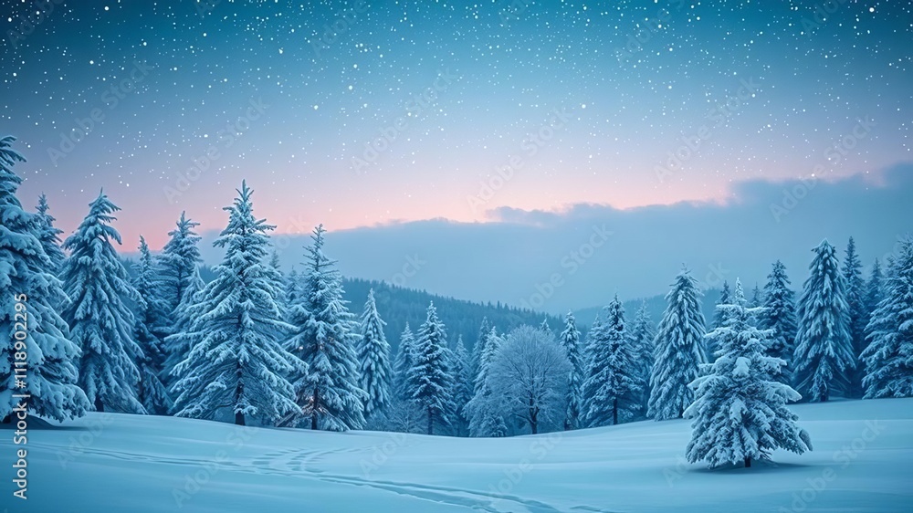 Fototapeta premium Frosted Christmas trees with golden stars under a snowy night sky, peaceful, stars