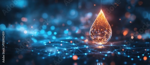 Glowing droplet of water on abstract digital network background.