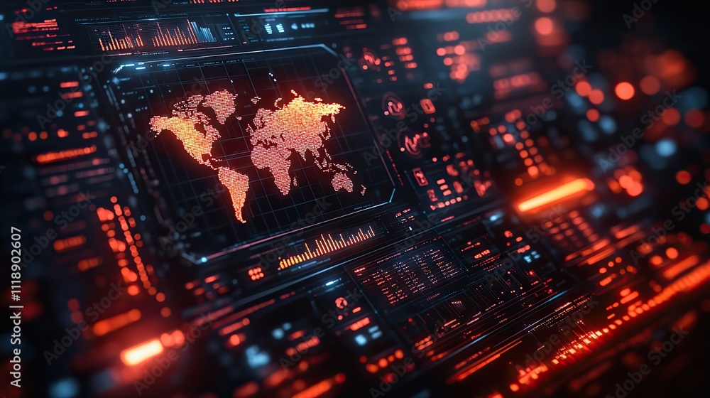 A futuristic digital interface displaying data visualizations and charts, with a world map in focus A futuristic digital interface displaying data visualizations and charts, with a world map in focus