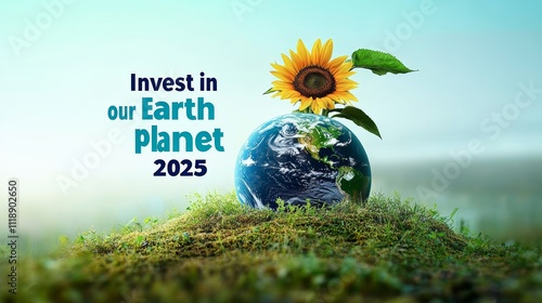 Invest in our planet with sunflower and globe for World Environment Day and Earth Day 2025 conservation campaign photo