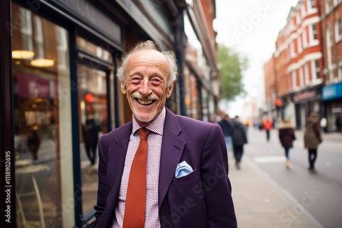 Portrait of happy senior businessman standing in city street and laughing.