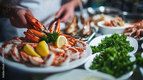 Chef preparing a plate of delicious crab claws and legs with lemon and parsley garnish.