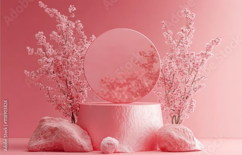 Pink Minimalist Podium Display with Cherry Blossom for Beauty Product Promotion in Abstract 3D Background photo