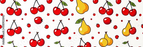 fun and adorable fruit pattern featuring smiling cherries, pears, and apples in kawaii style on a white background ideal for fabric, wrapping paper, and nursery art, pattern, pears photo