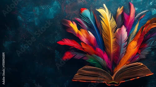 Vibrant feathers out from opened magical book against a dark background photo