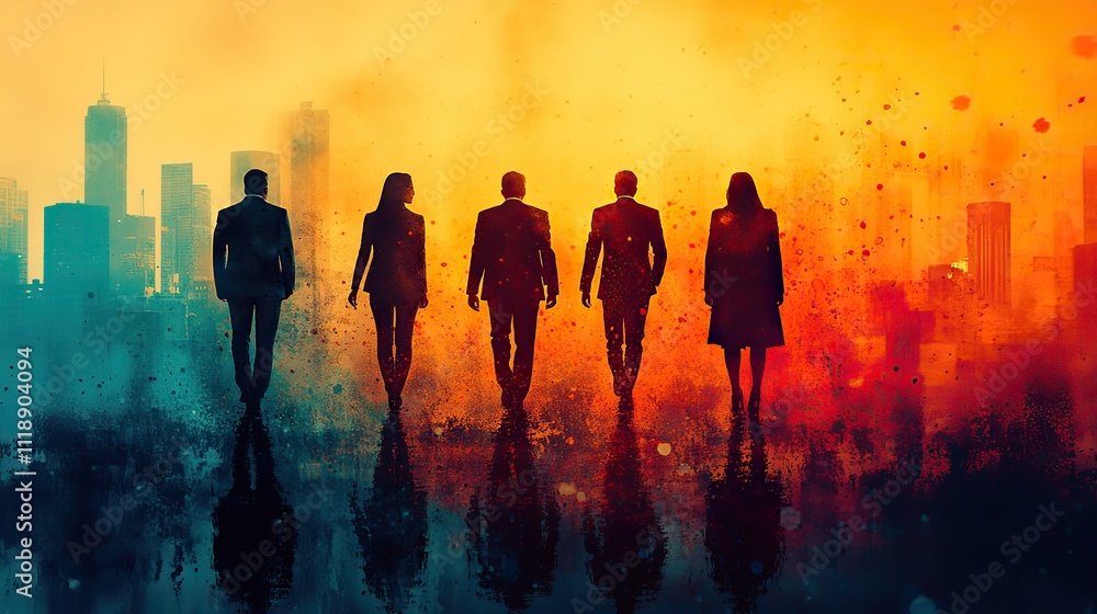 A group of businesspeople in conversation, standing in a minimalistic background with abstract shapes A group of businesspeople in conversation, standing in a minimalistic background with abstract shapes