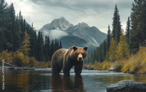 A brown bear standing in the middle of a river, with a forest and mountain background