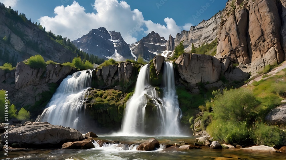 Fototapeta premium Majestic Waterfall Cascades Down Rocky Mountainside