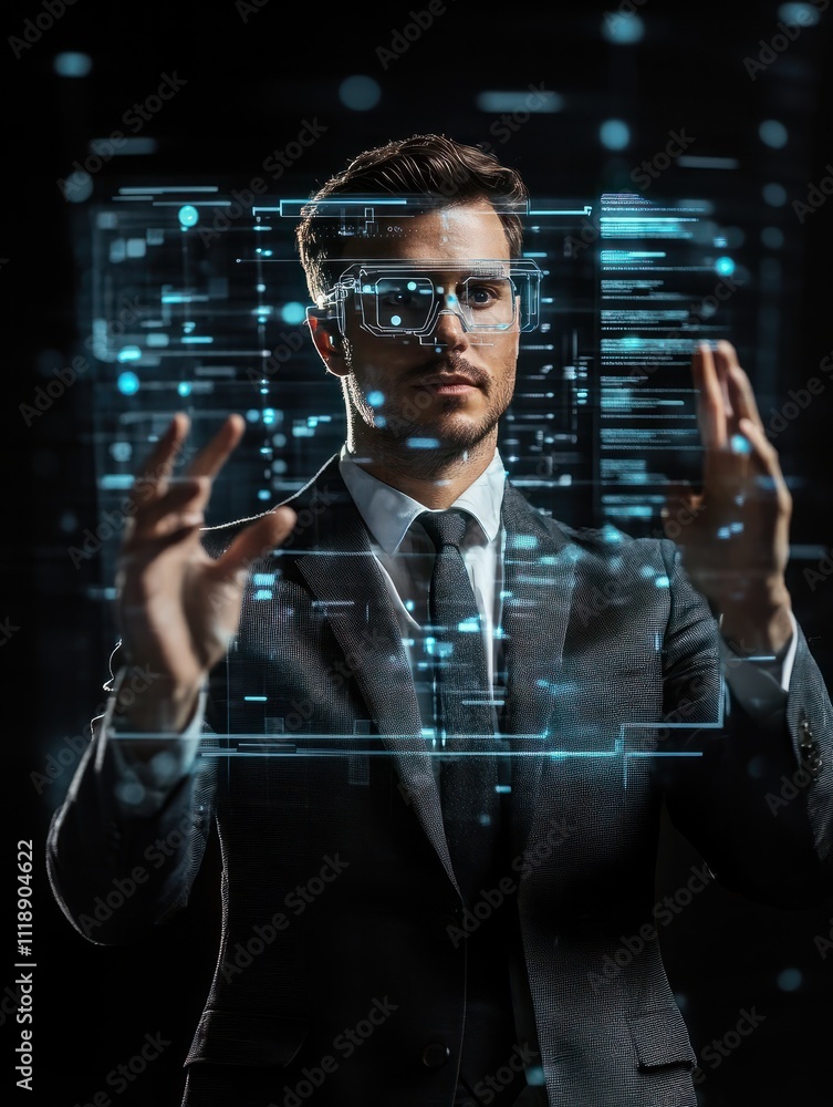 business, augmented reality, people and future technology concept - businessman in suit working with virtual screens projection over black background business, augmented reality, people and future technology concept - businessman in suit working with virtual screens projection over black background