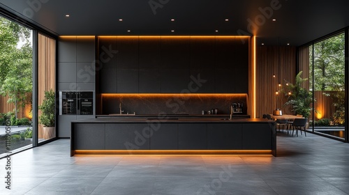 Wallpaper Mural Modern kitchen with black cabinetry, warm lighting, and large windows overlooking a garden. Torontodigital.ca