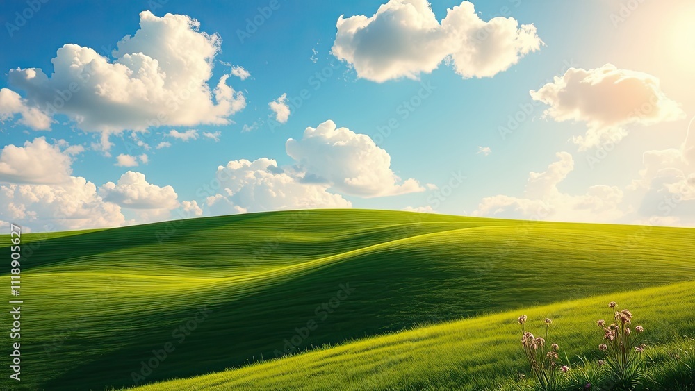 A picturesque landscape of a rolling hillside with white fluffy clouds scattered about and a few rays of sunlight peeking through, outdoor scene, pastel colors A picturesque landscape of a rolling hillside with white fluffy clouds scattered about and a few rays of sunlight peeking through, outdoor scene, pastel colors