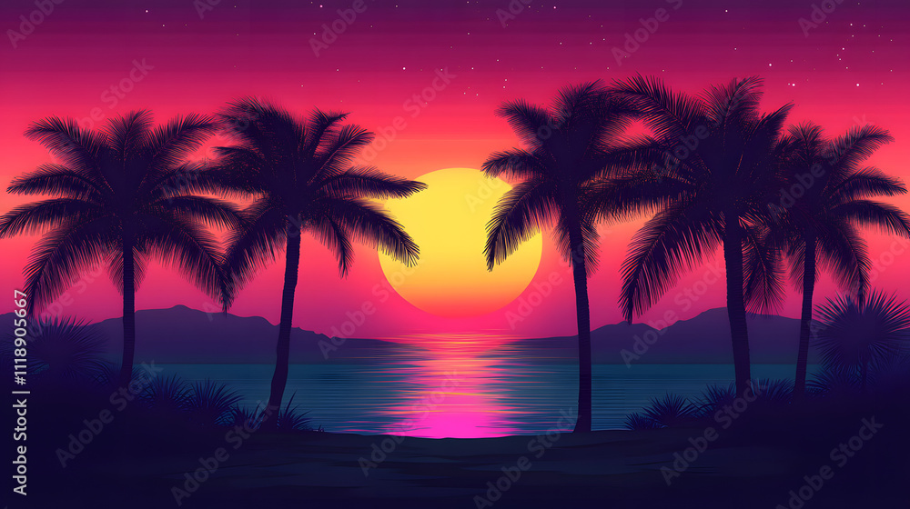 Palm trees on the left side of an illustration with a retro sunset. Palm trees on the left side of an illustration with a retro sunset.