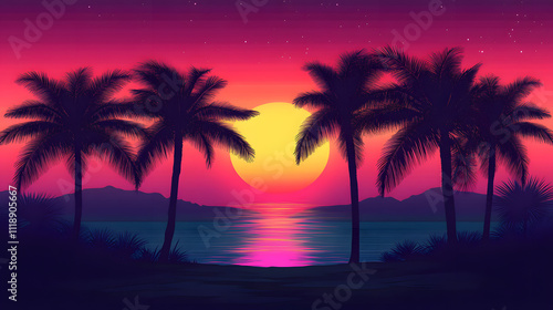 Palm trees on the left side of an illustration with a retro sunset.