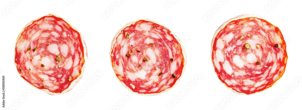 Salami slices lined up on white фоне, cut out - stock png. Salami slices lined up on white фоне, cut out - stock png.