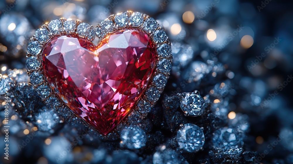 A heart-shaped red diamond surrounded by sparkling white gems, symbolizing love and luxury A heart-shaped red diamond surrounded by sparkling white gems, symbolizing love and luxury