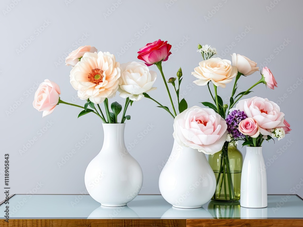 A stunning bouquet of mixed pink roses and peonies in a elegant glass vase against a neutral background, fresh cut flowers, home decor A stunning bouquet of mixed pink roses and peonies in a elegant glass vase against a neutral background, fresh cut flowers, home decor