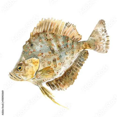 A watercolor of a flounder, isolated on a white background. Flounder vector.