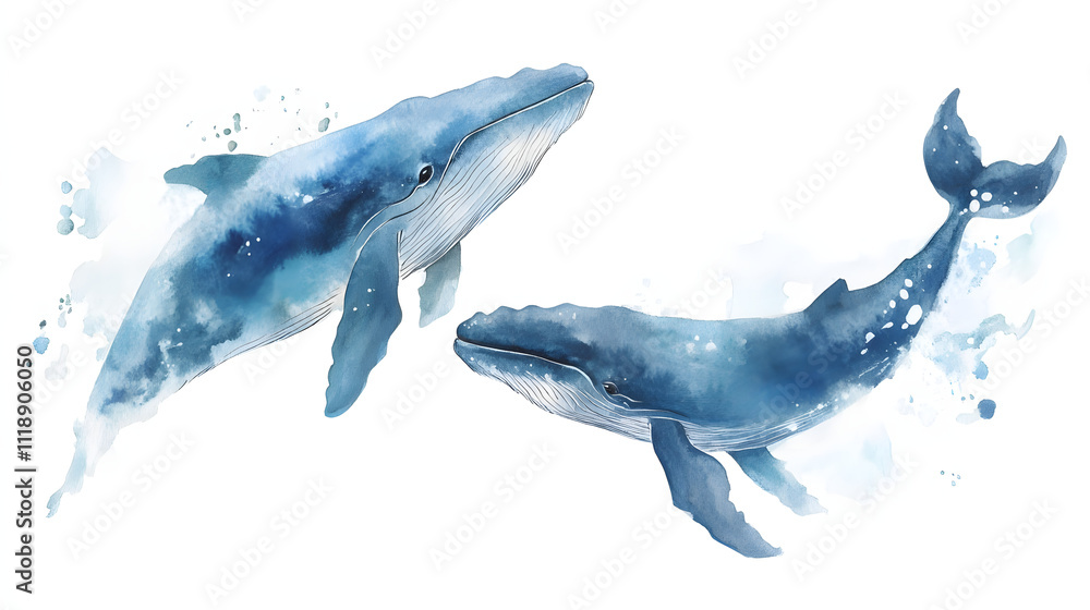 Watercolor painting of cute and creepy whales swimming in the ocean, on a white background. Watercolor painting of cute and creepy whales swimming in the ocean, on a white background.