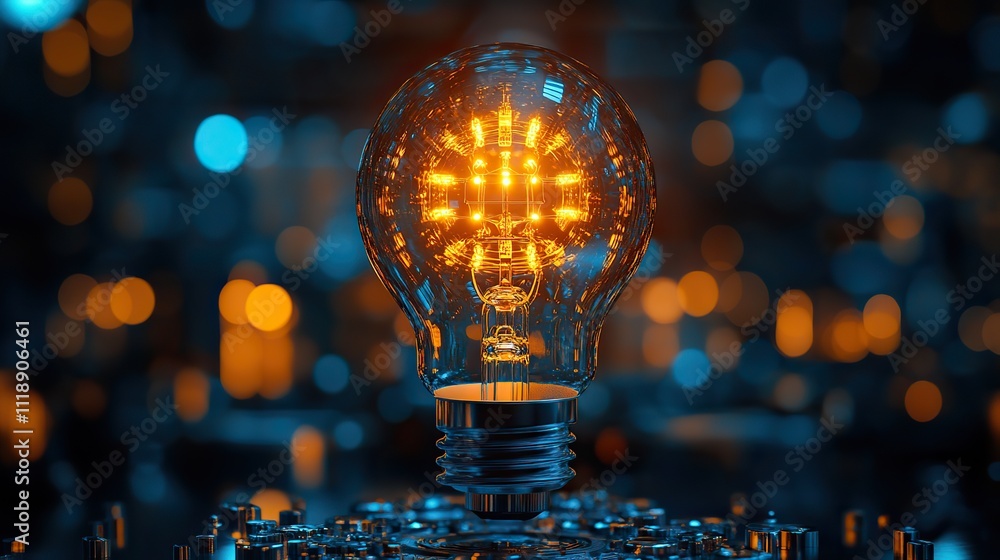 A light bulb with a chain of interconnected gears at its center A light bulb with a chain of interconnected gears at its center