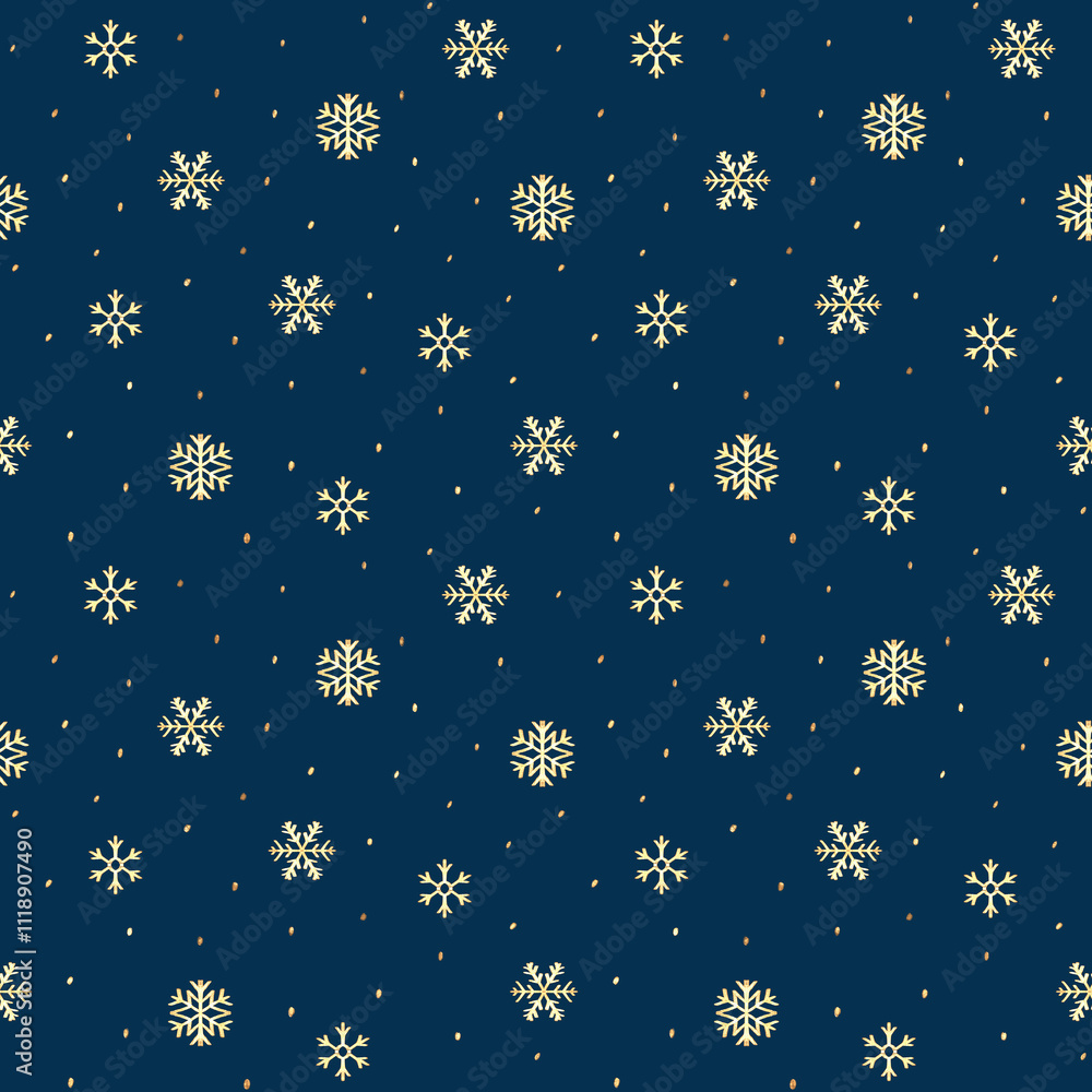 Fototapeta premium Blue and gold snowflakes holiday seamless pattern background