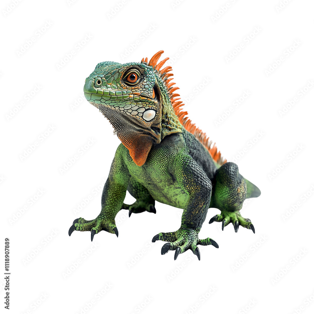 Obraz premium Vibrant Green Iguana with Orange Crest Isolated on White