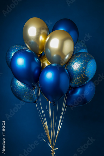 A blue and gold balloon bouquet with metallic balloons, metallic foil, photo