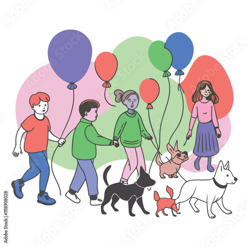 Four children walk their dogs and a bunny with balloons in a park