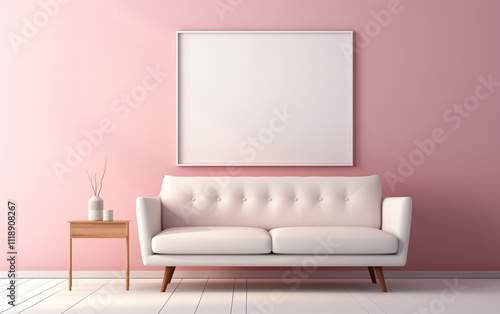 3D rendering of a blank white screen for a presentation or promotional stand, with a sofa and armchair on a color background.