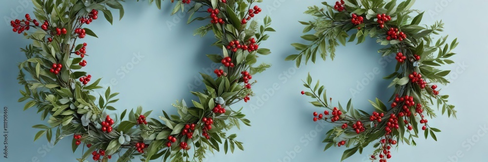 Fototapeta premium A beautiful Christmas wreath made of artificial mistletoe and red berries on a light blue background, mistletoe, winter, blue