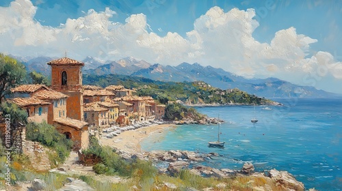 A painting capturing the charm of a small Italian town with a lively coastal landscape photo