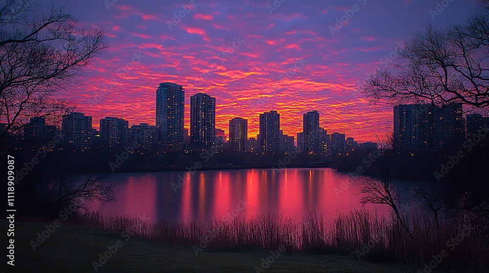 Fototapeta premium A panoramic view captures the city skyline at dusk, with towering buildings and skyscrapers silhouetted against the twilight sky