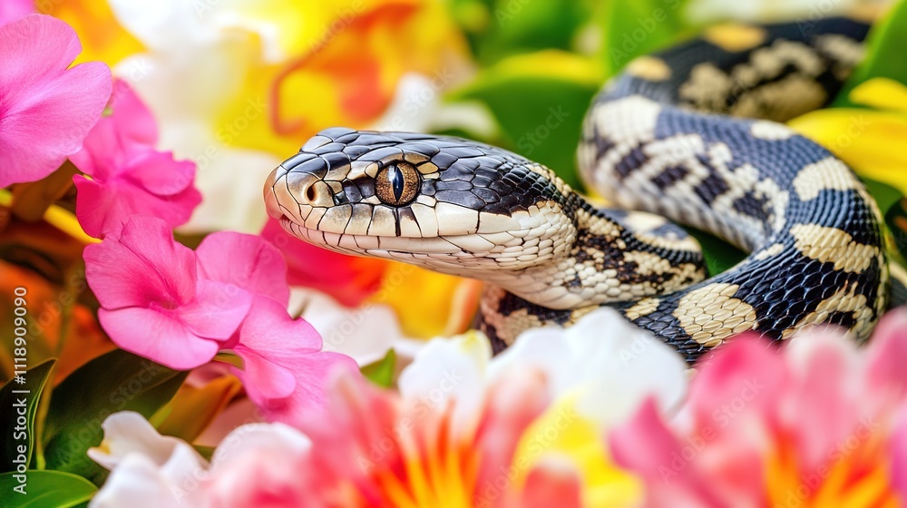 Gentle and Sweet Snake Surrounded by Beautiful Flowers Gentle and Sweet Snake Surrounded by Beautiful Flowers