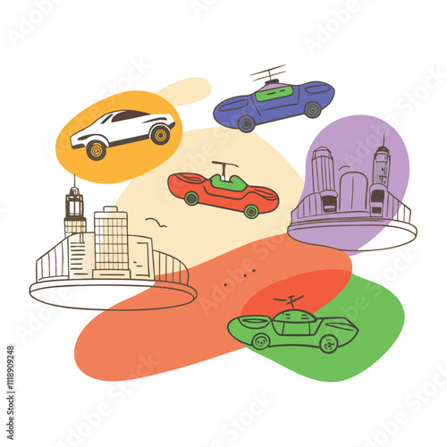 A futuristic city with flying cars and structures, showcasing four different vehicles above colorful shapes. Depicts a world where air travel and cityscapes have evolved